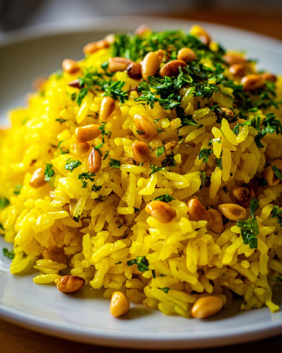 Close-up of fluffy, yellow mediterranean rice topped with toasted pine nuts and fresh chopped parsley.