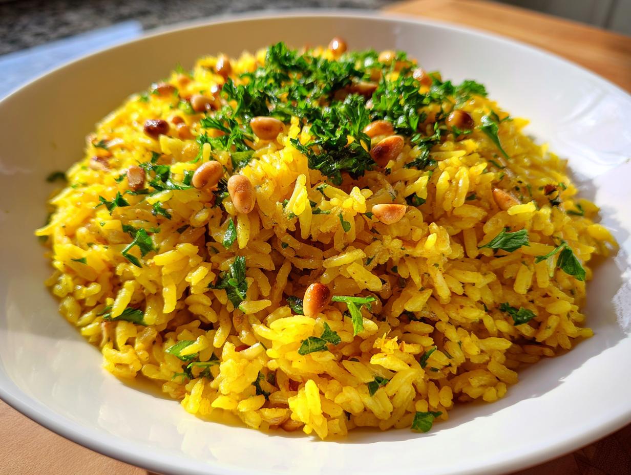 A close-up of bright yellow mediterranean rice topped with fresh chopped parsley and toasted pine nuts in a white bowl.