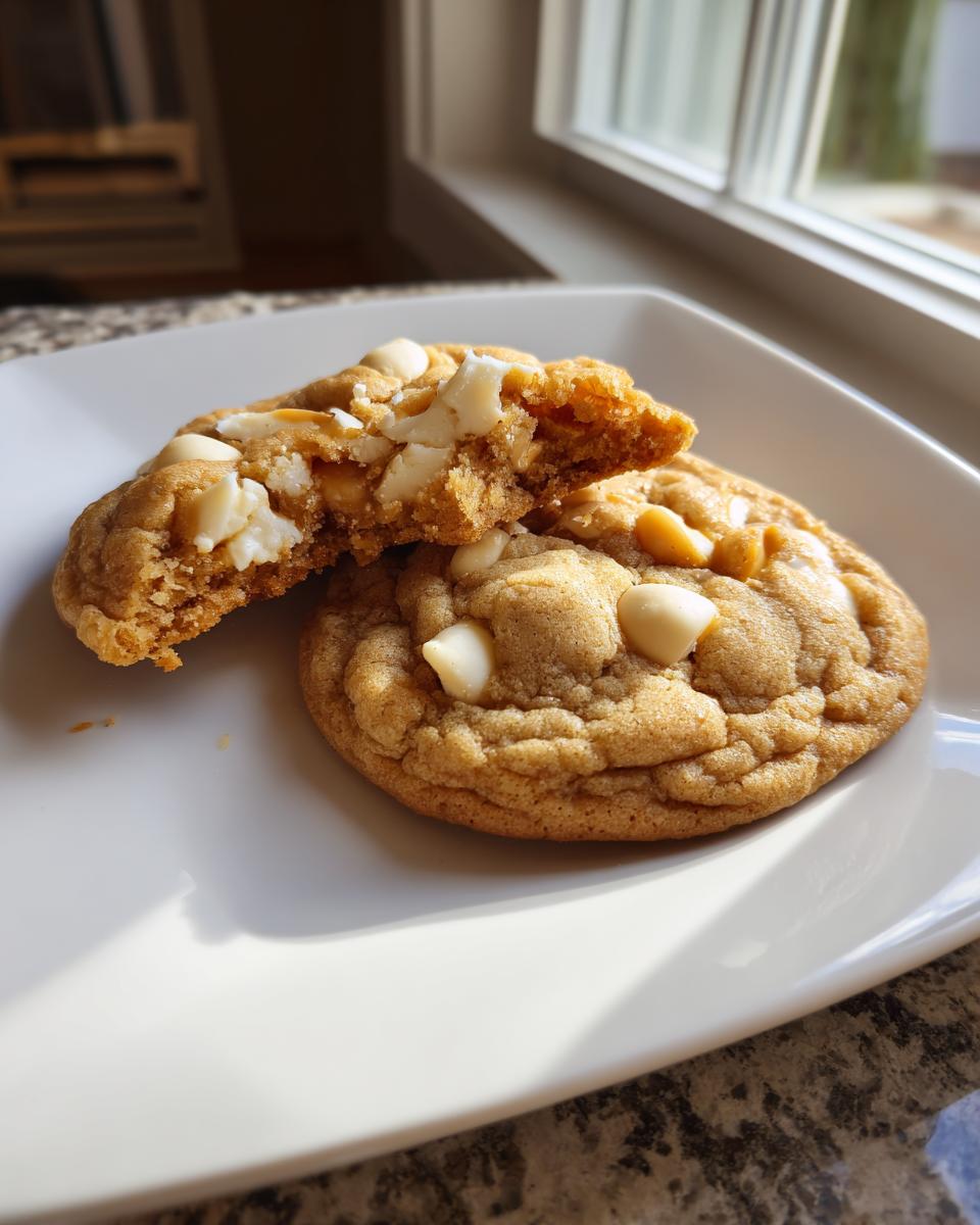 Two delicious white chocolate macadamia nut cookies on a white plate, one broken open showing the soft interior.