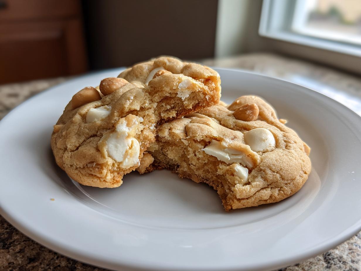 Close-up of two soft white chocolate macadamia nut cookies on a white plate, one broken in half showing the gooey interior.