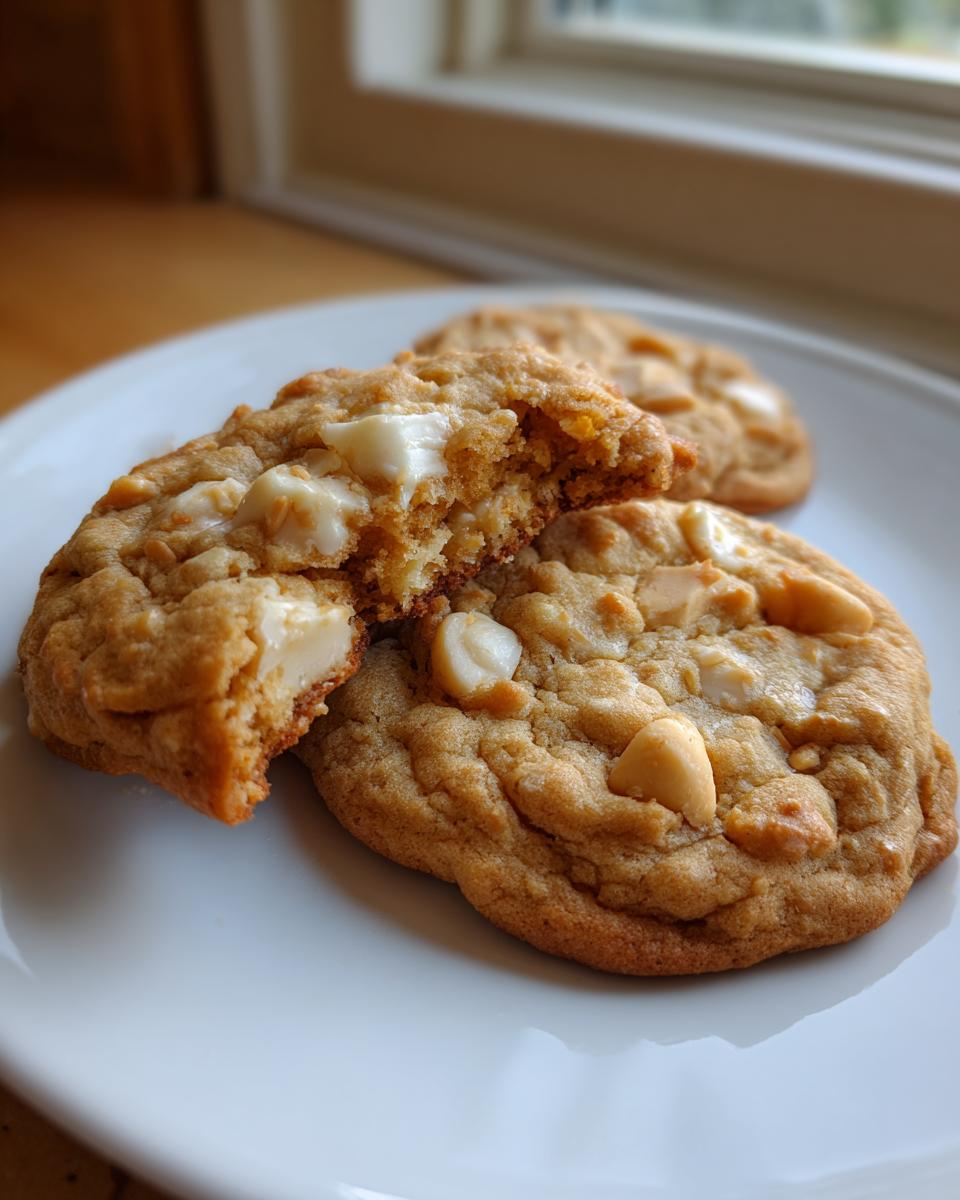 Close-up of chewy white chocolate macadamia nut cookies, one broken open to show the soft interior.
