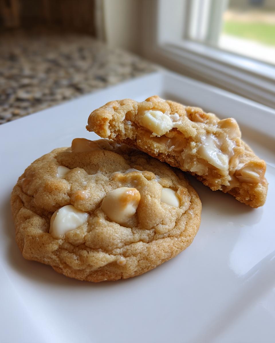 Two soft white chocolate macadamia nut cookies on a white plate, one broken open showing melted white chocolate.