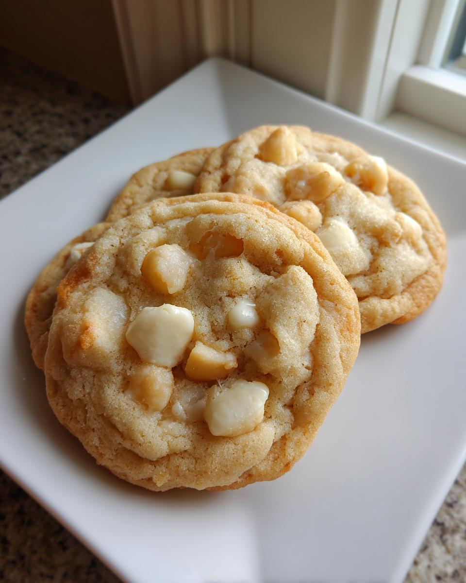 Three freshly baked white chocolate macadamia nut cookies stacked slightly on a white square plate.