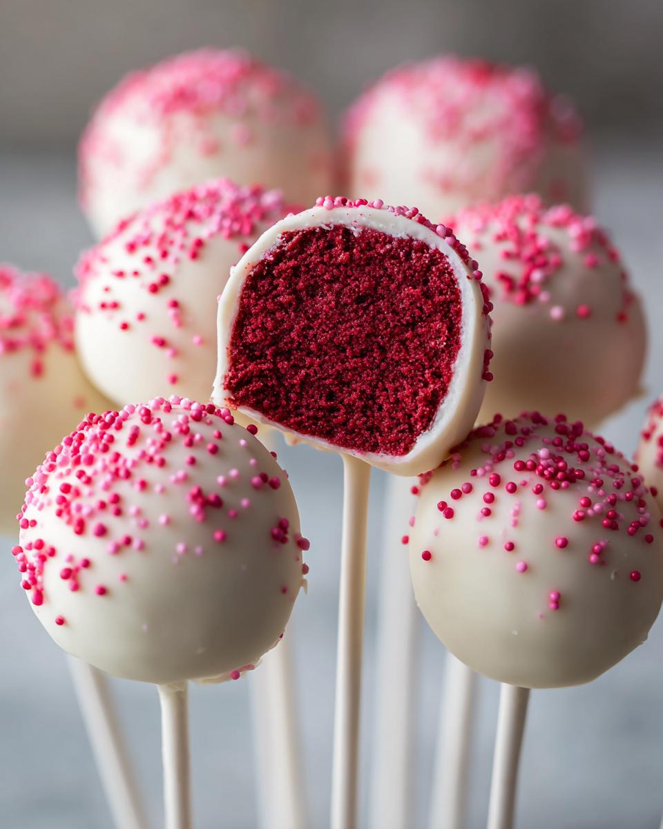 Close-up of several red velvet cake pops dipped in white chocolate and pink sprinkles, one is cut open showing the deep red interior.