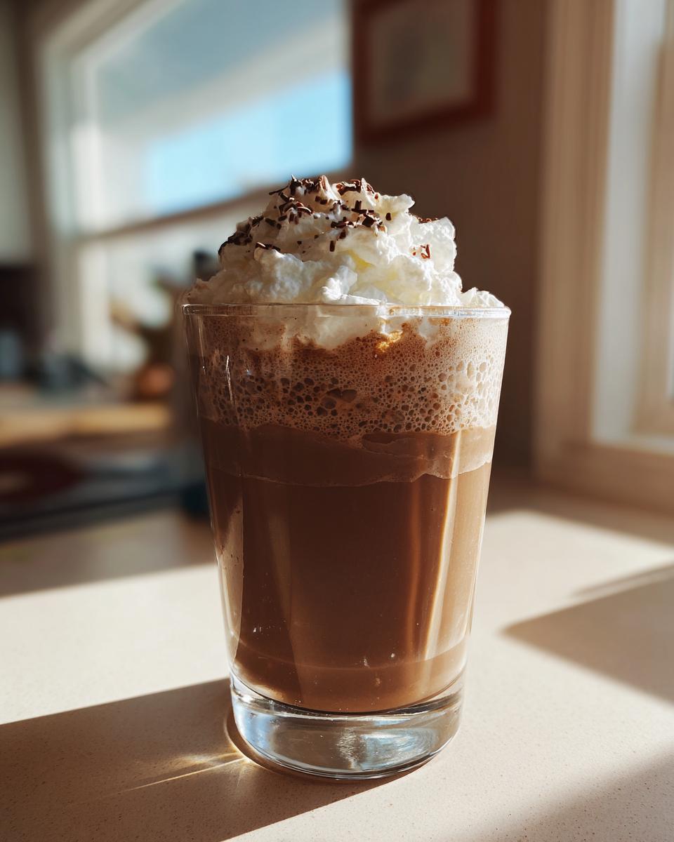A glass of blended frozen hot chocolate topped with whipped cream and chocolate shavings, sitting in sunlight.
