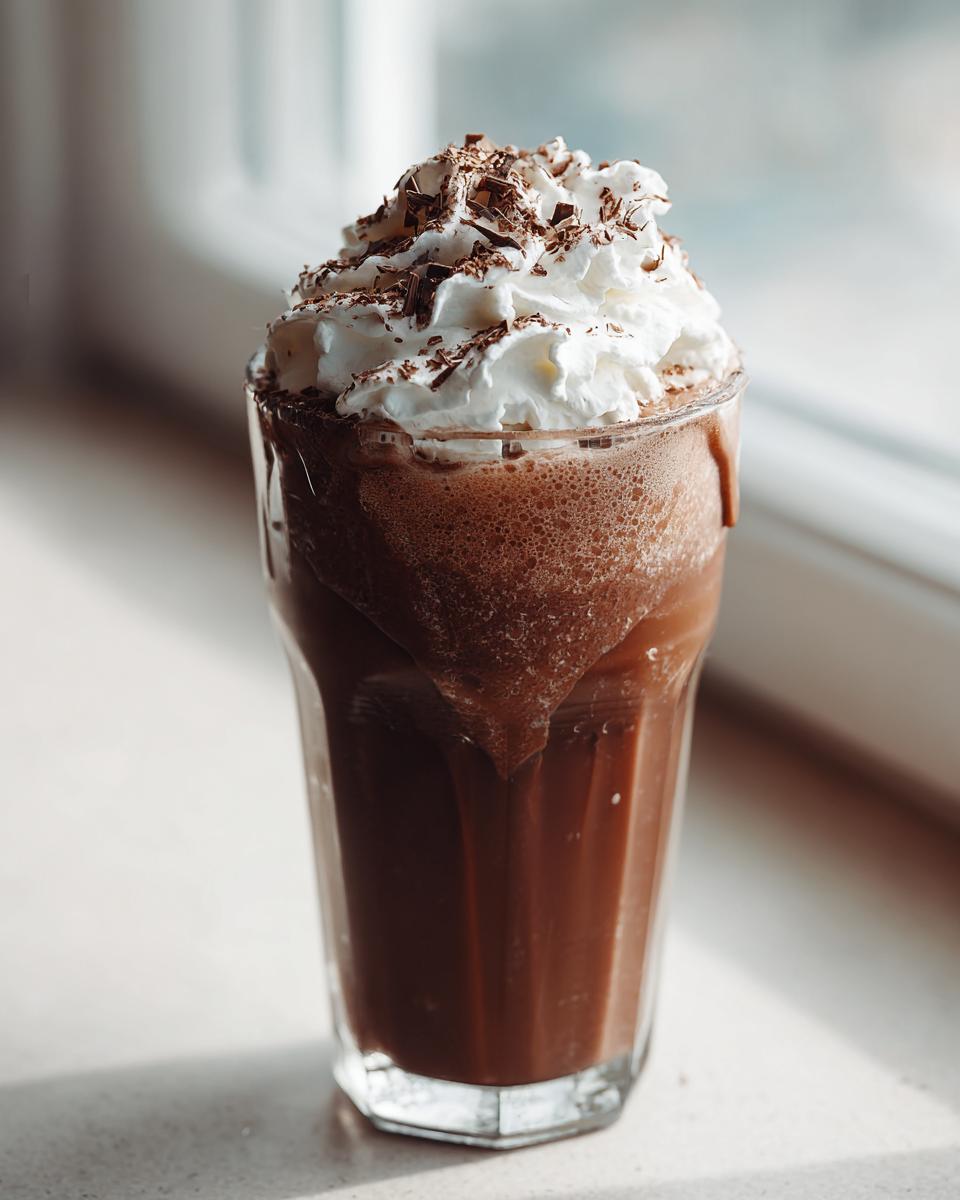 A tall glass of rich, blended frozen hot chocolate topped with whipped cream and chocolate shavings.
