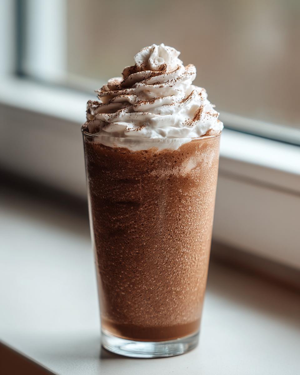 Tall glass of thick, blended frozen hot chocolate topped with whipped cream and cocoa powder.