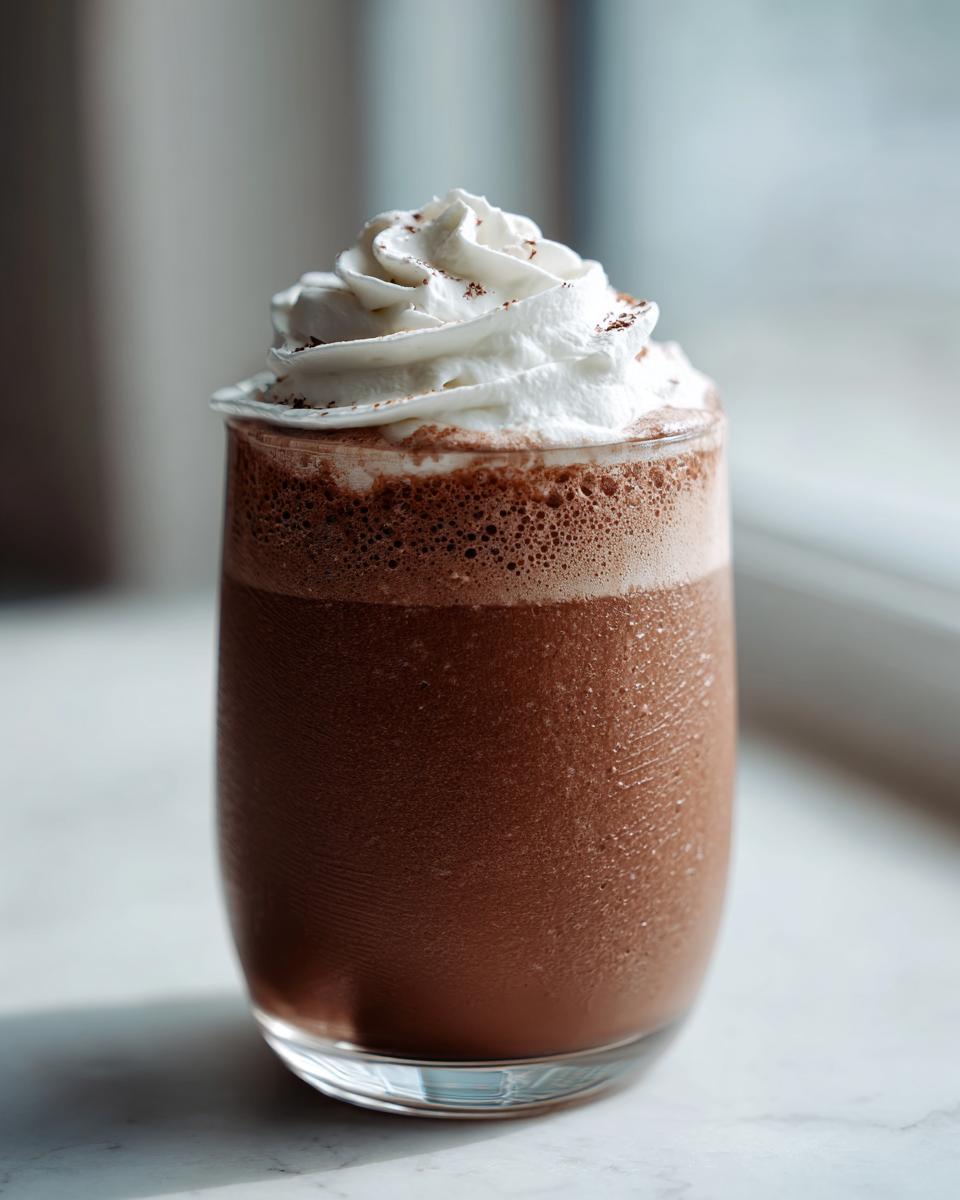 Close-up of a tall glass filled with thick, blended frozen hot chocolate topped with whipped cream.