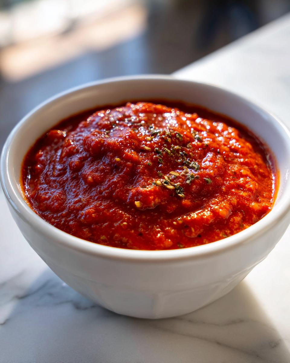 Close-up of a thick, vibrant red pizza sauce seasoned with herbs, served in a white bowl.