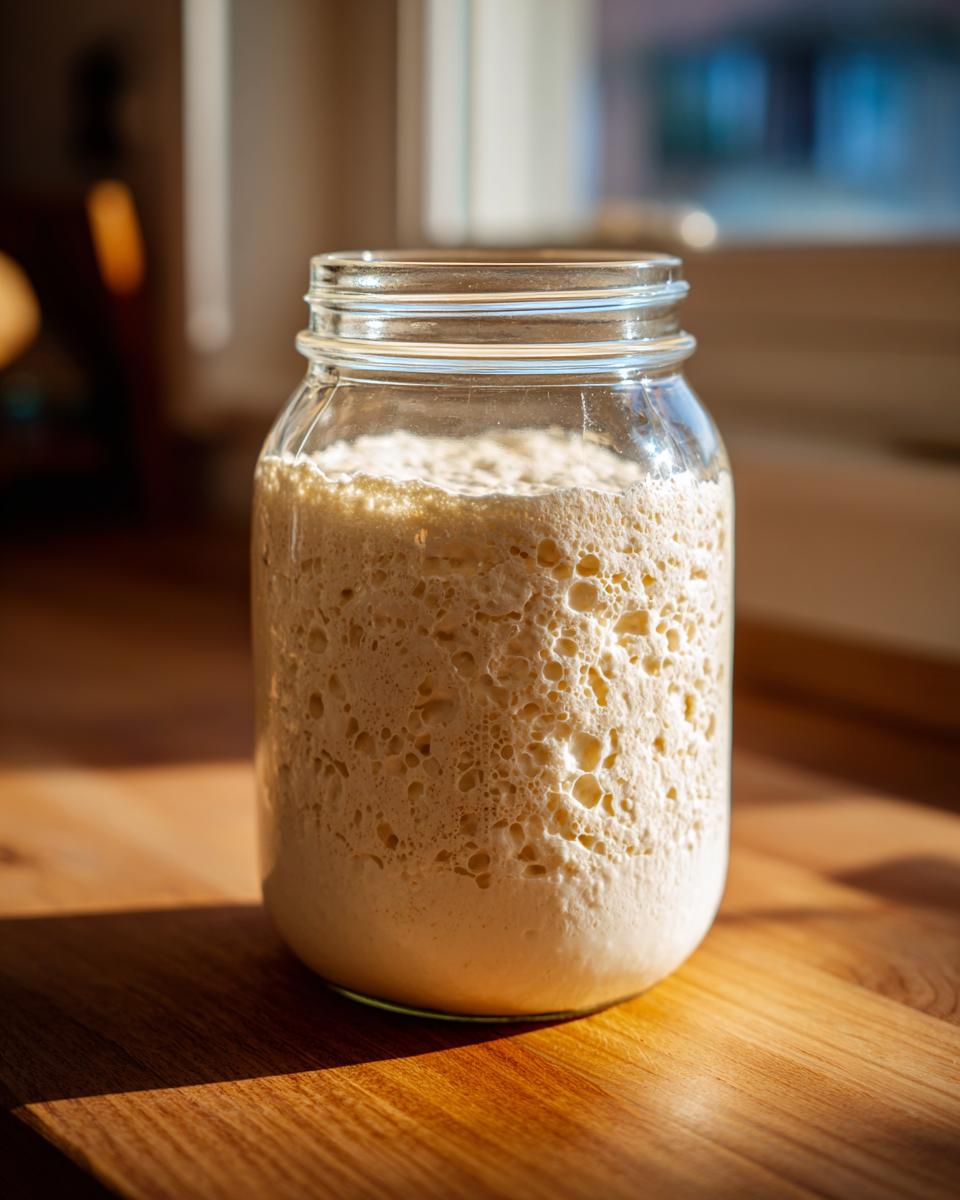 A glass jar filled with an active, bubbly sourdough starter sitting on a wooden surface in sunlight.