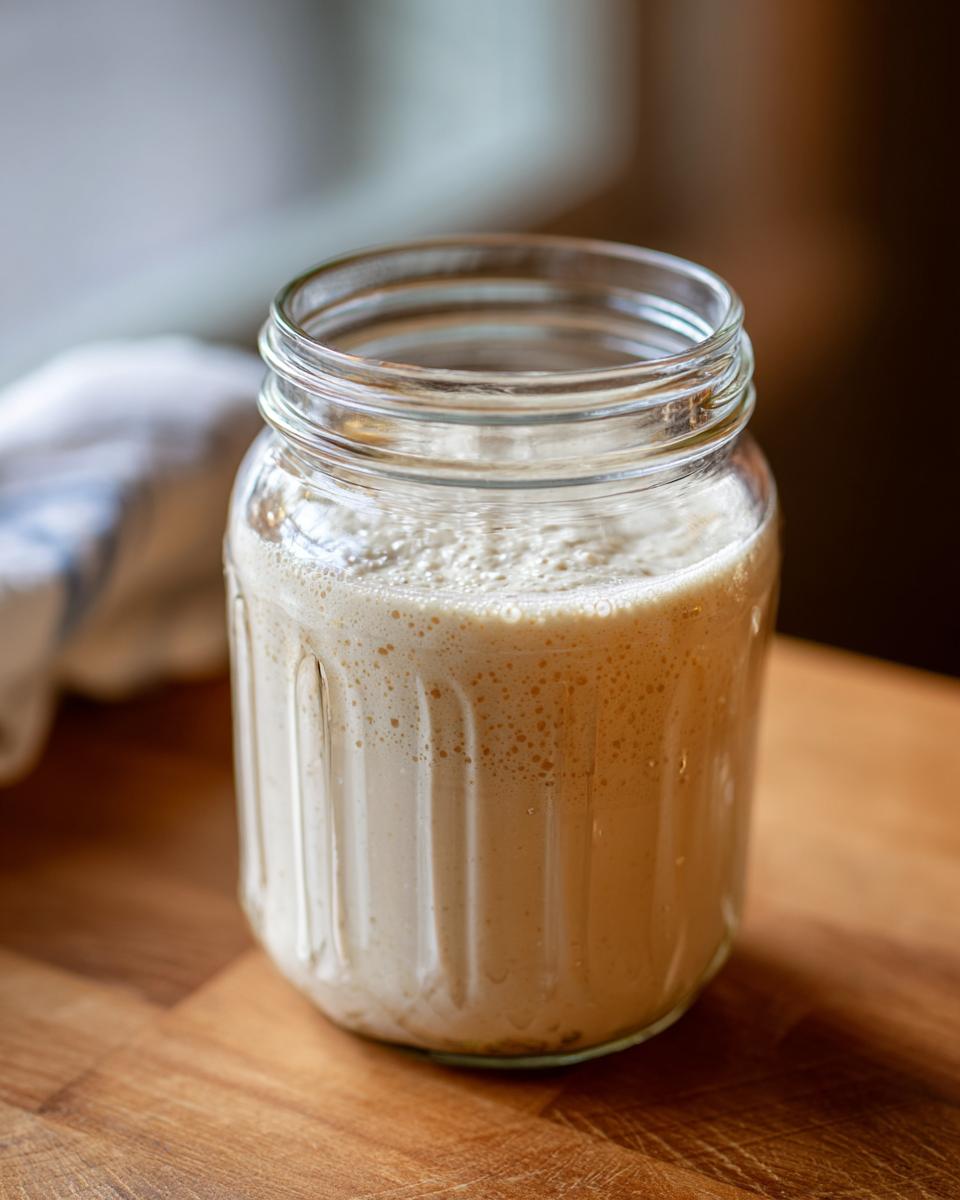 A bubbly, active sourdough starter mixture inside a clear glass jar resting on a wooden cutting board.