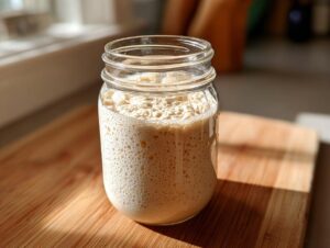 A highly active sourdough starter, visibly bubbly and risen, sits in a clear glass jar on a wooden cutting board.