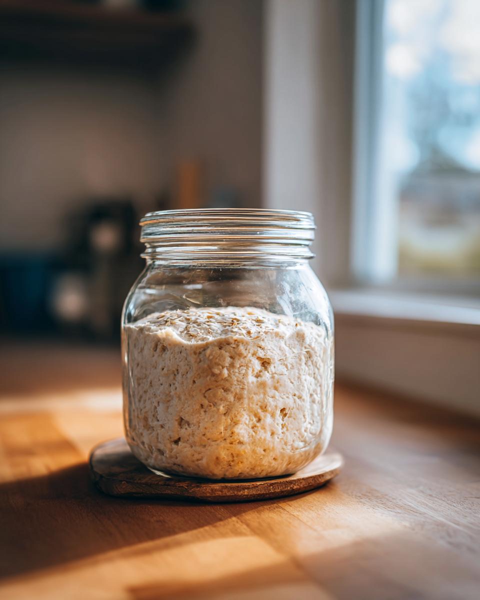 A bubbly, active sourdough starter mixture filling a glass jar, sitting on a wooden coaster.