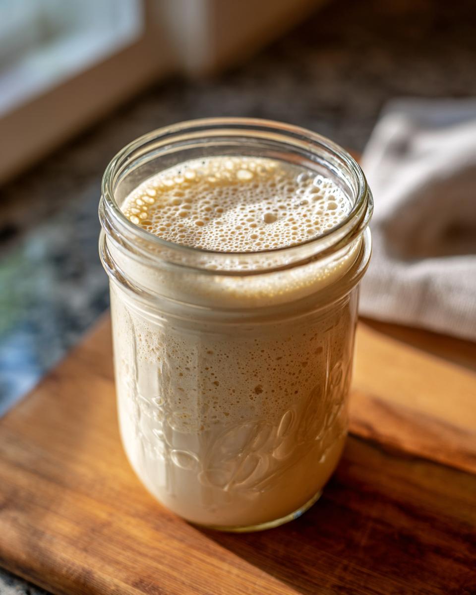 A bubbly, active sourdough starter mixture filling a clear glass Mason jar on a wooden board.