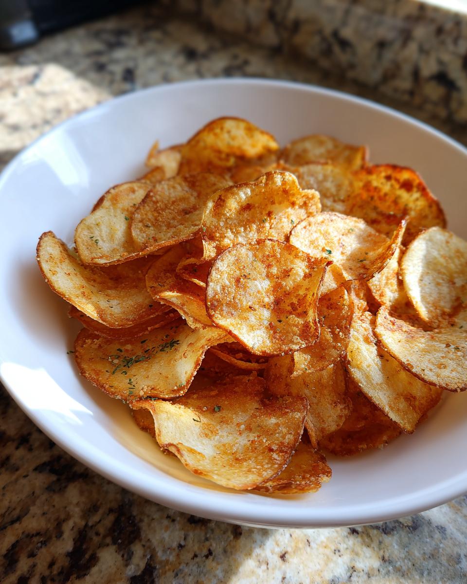 A white bowl filled with golden brown, seasoned air fryer potato chips, perfectly crispy.