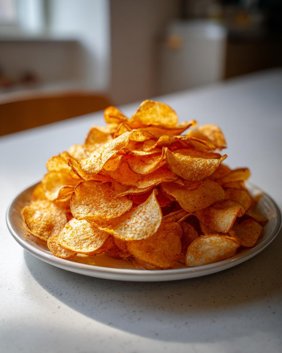 A large mound of golden, seasoned air fryer potato chips piled high on a white plate.