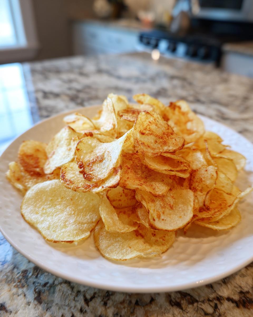 A generous pile of golden, crispy air fryer potato chips seasoned lightly, served on a white textured plate.