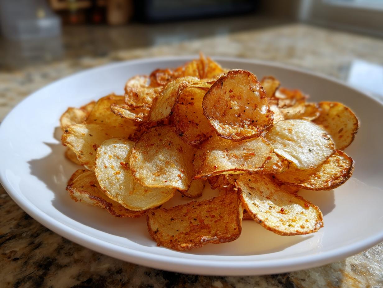 A close-up shot of a pile of golden brown, seasoned air fryer potato chips served on a white plate.