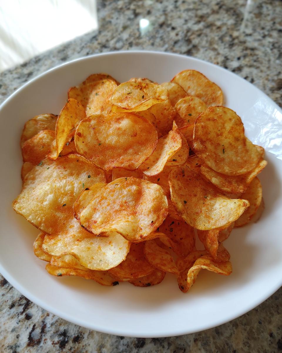 A white bowl filled with golden, seasoned air fryer potato chips resting on a granite countertop.