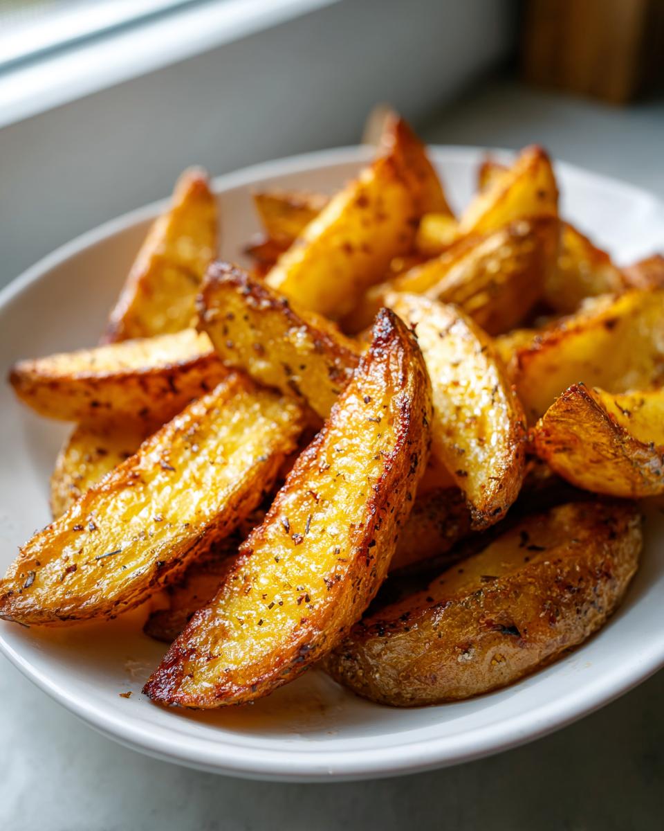 Close-up of perfectly crispy, golden air fryer potato wedges seasoned with herbs.