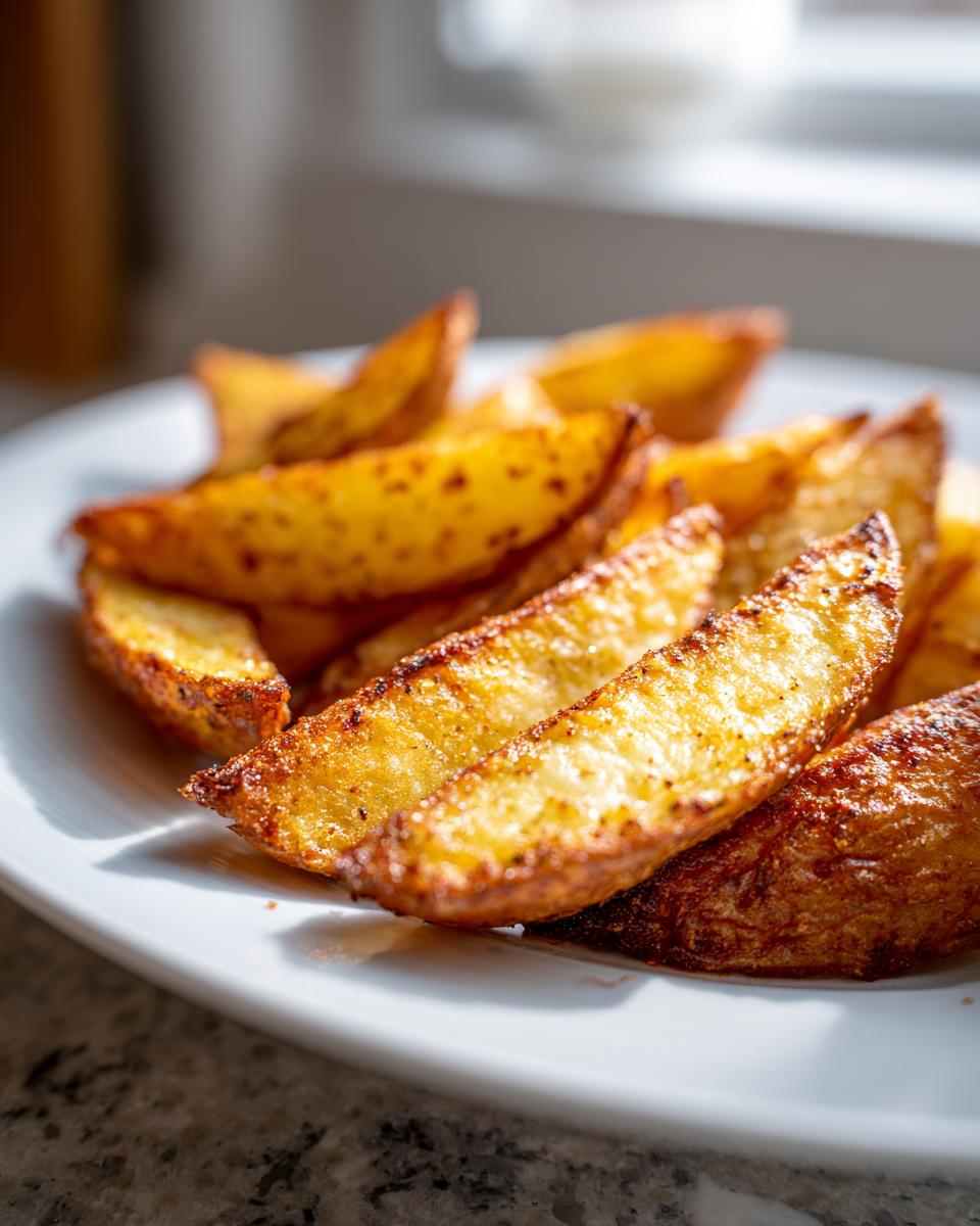 Close-up of perfectly crispy, golden brown air fryer potato wedges seasoned with spices on a white plate.