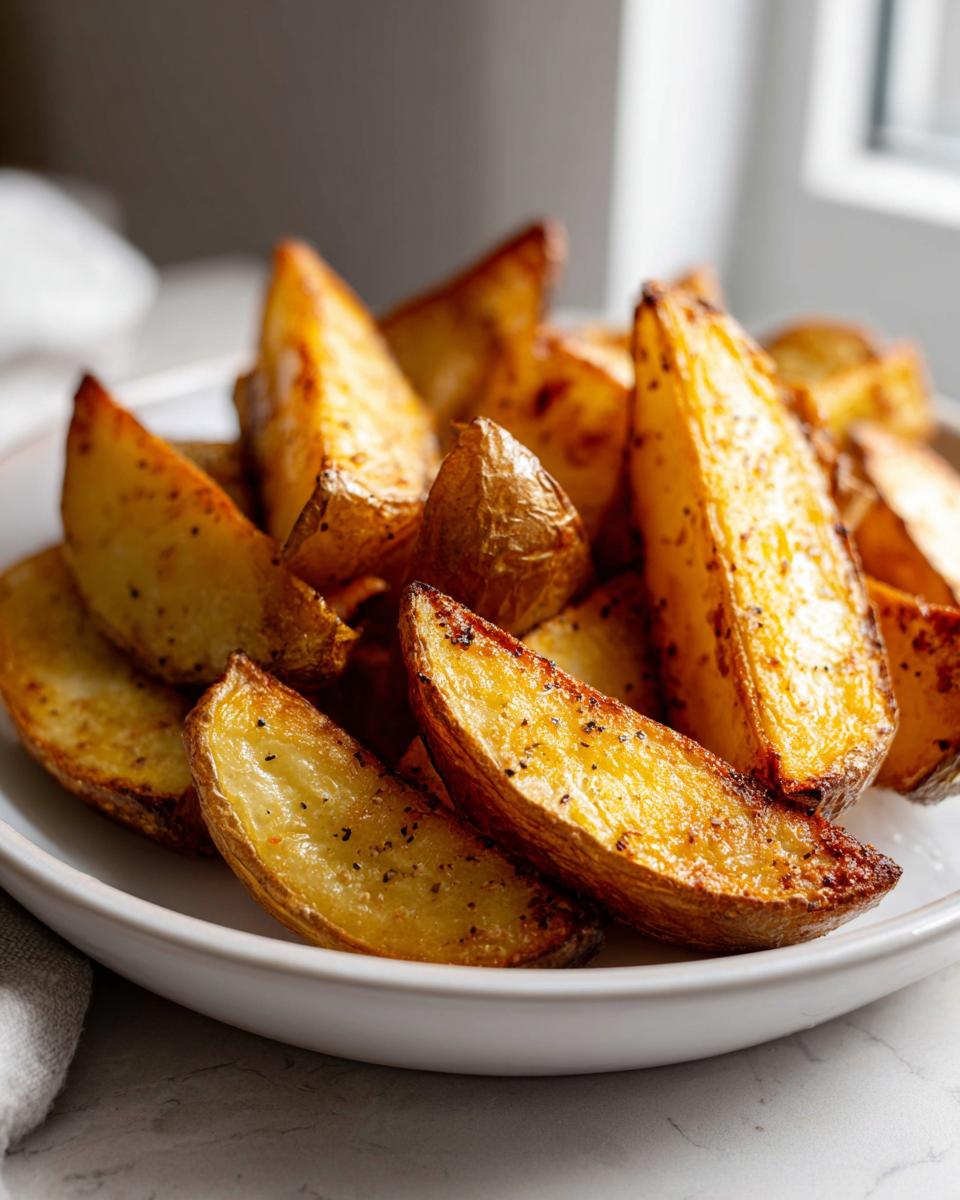 A close-up of golden brown, seasoned air fryer potato wedges piled high on a white plate.