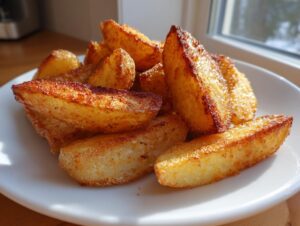 A close-up of golden brown, crispy air fryer potato wedges piled high on a white plate near a window.