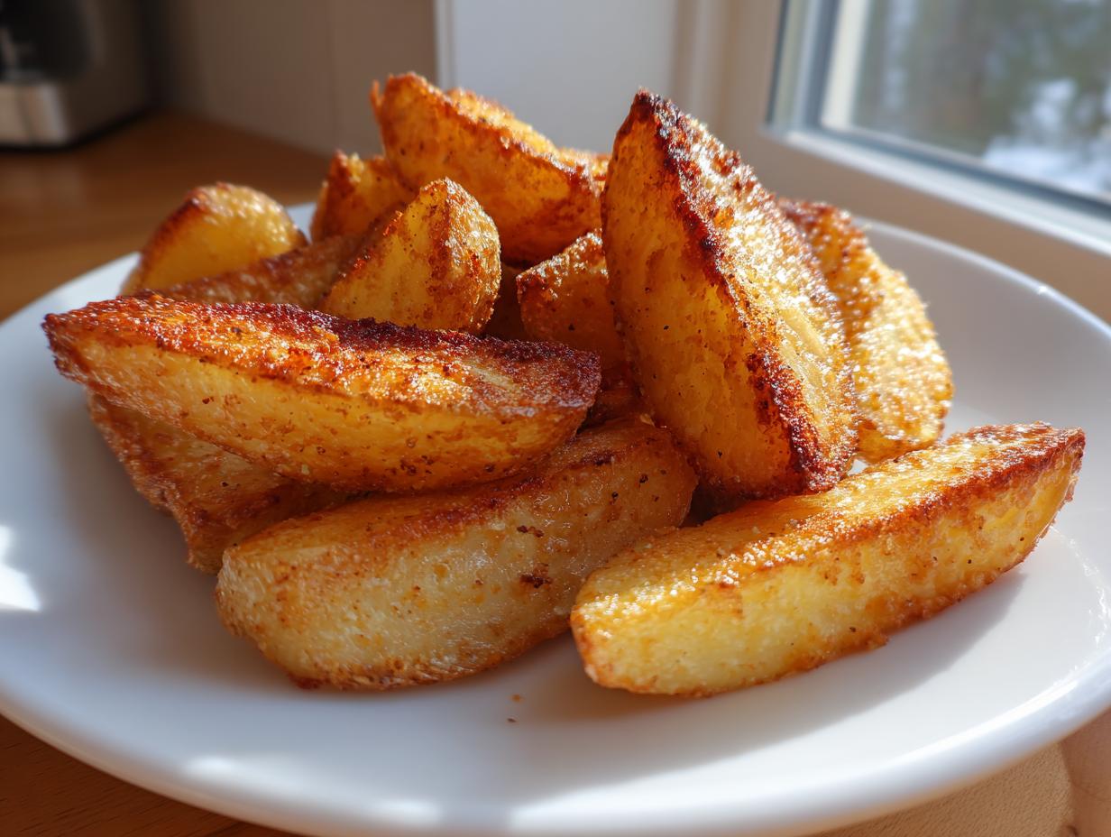 A close-up of golden brown, crispy air fryer potato wedges piled high on a white plate near a window.
