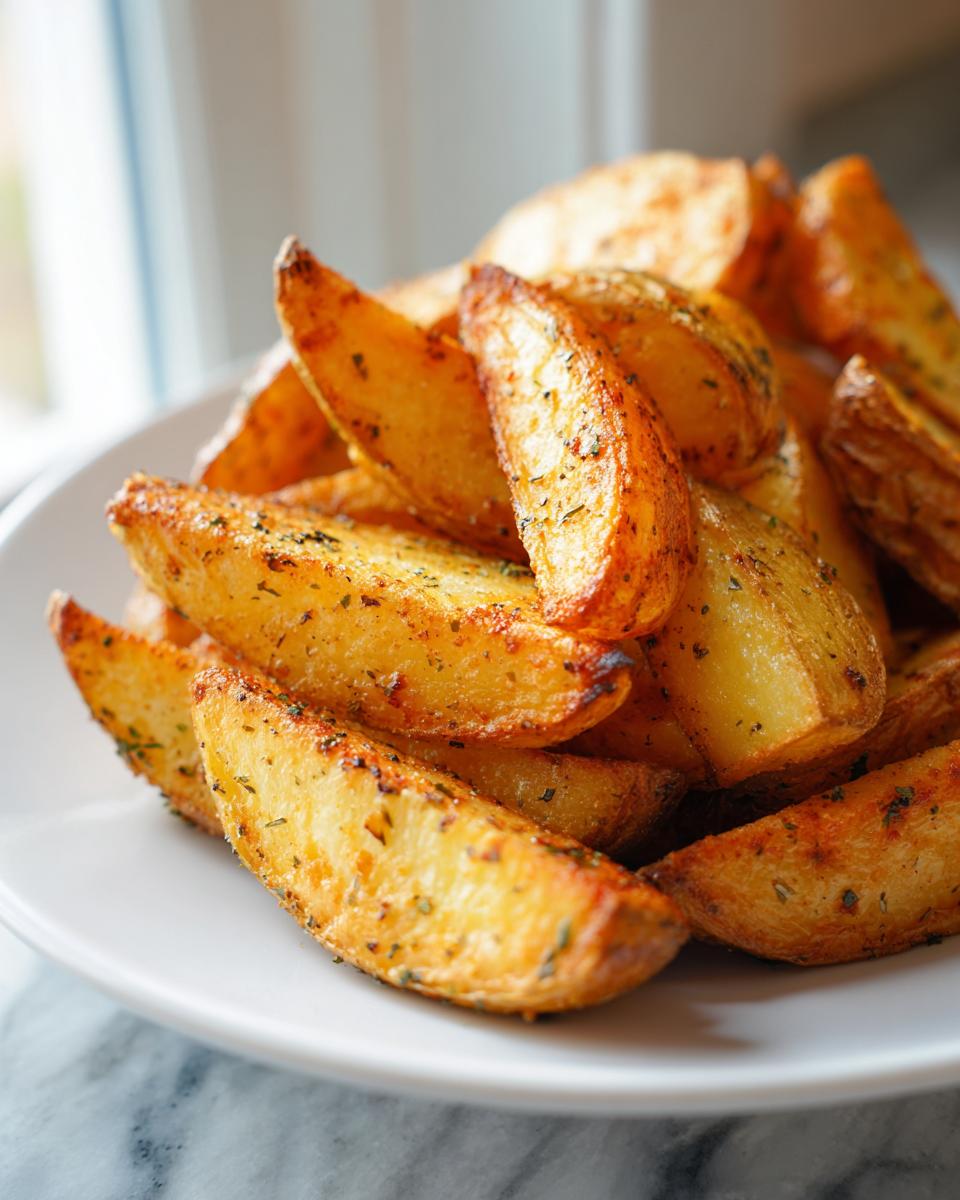 A close-up of golden brown, seasoned air fryer potato wedges piled high on a white plate.
