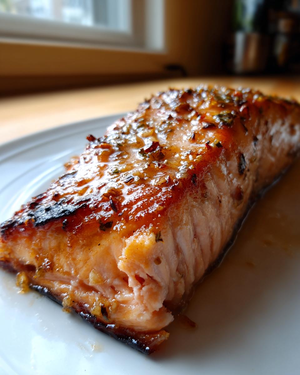 Close-up of a flaky, glazed piece of air fryer salmon resting on a white plate.