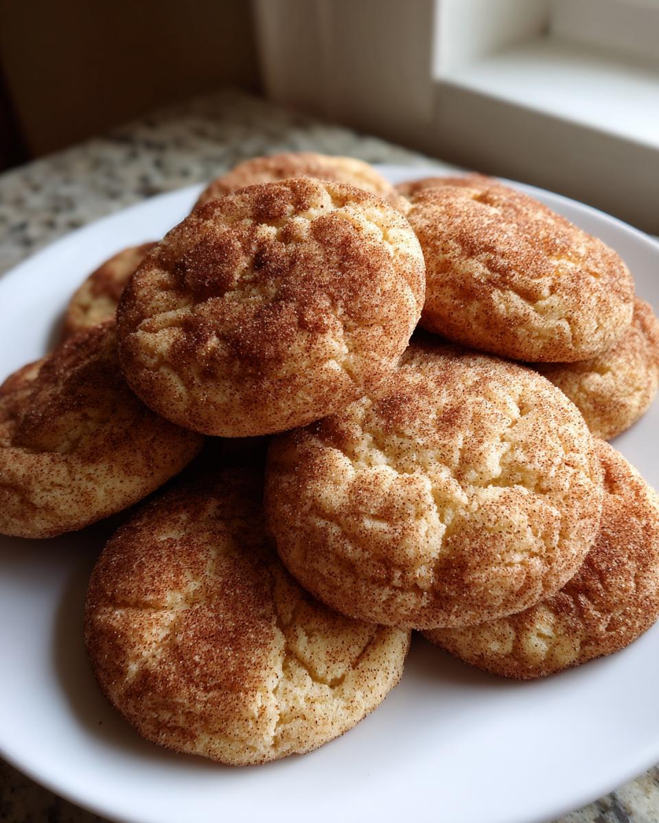 A pile of soft, freshly baked snickerdoodle cookies coated in cinnamon sugar on a white plate.