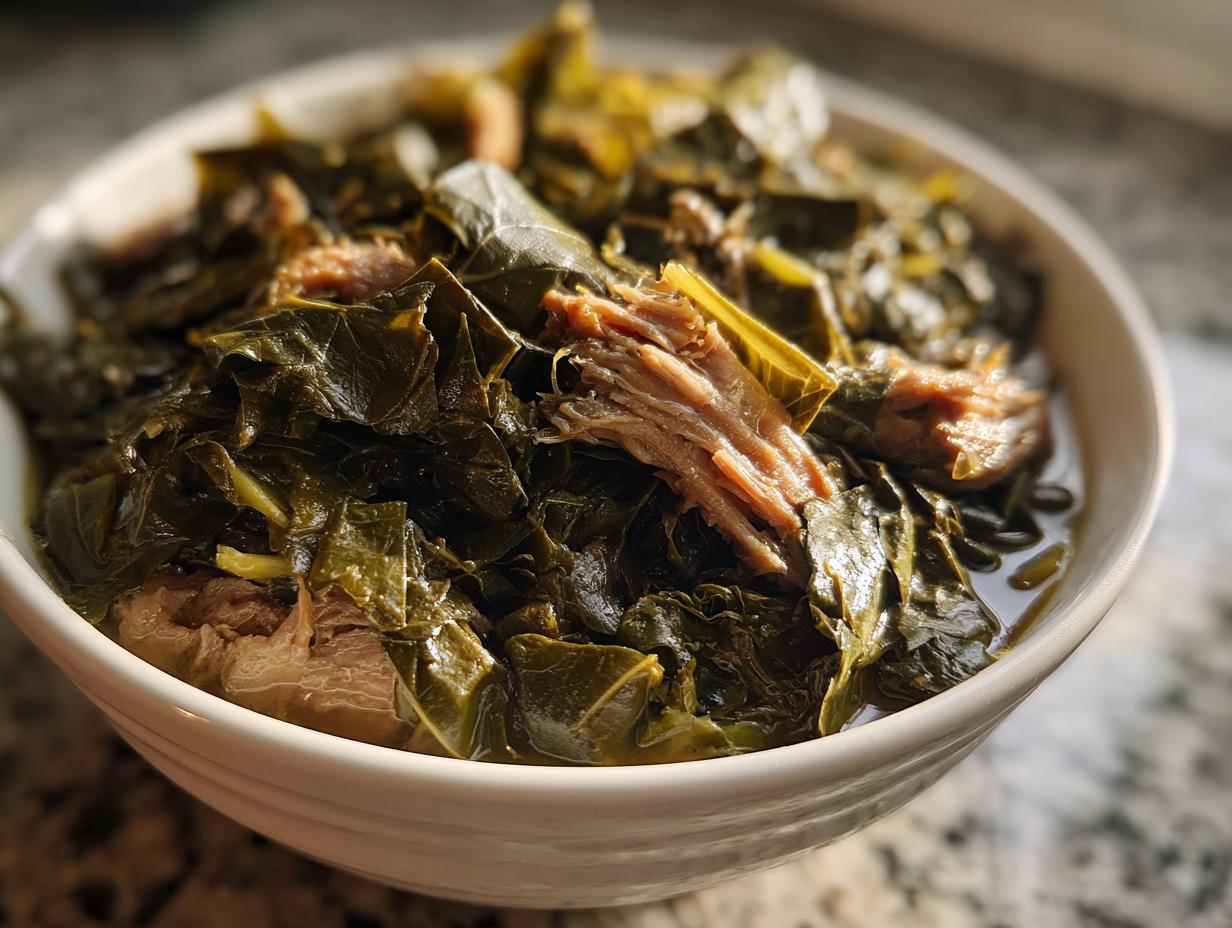Close-up of tender, dark green collard greens cooked with shredded smoked meat in a white bowl.