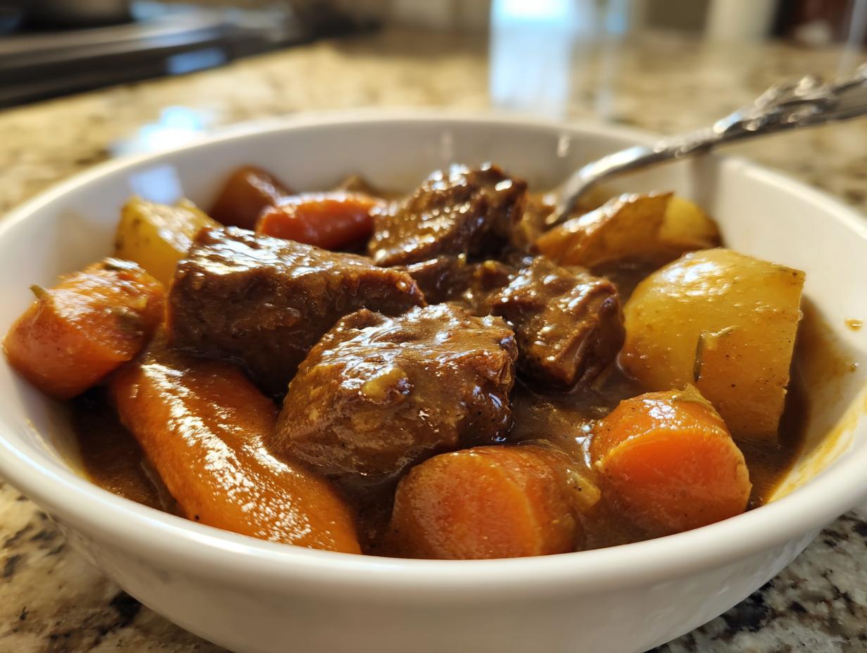 Close-up of tender chunks of meat and vegetables in a rich sauce, representing the amazing 8-hour pork stew.