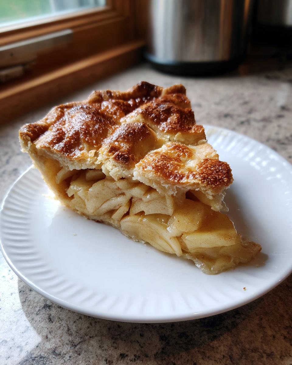 A close-up of a thick slice of amazing apple tart with a golden, flaky crust and tender apple filling.