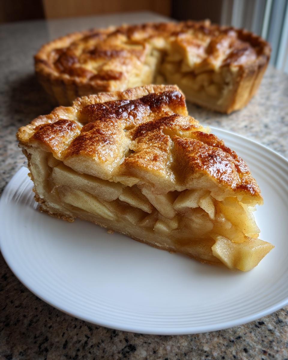 A thick slice of amazing apple tart featuring caramelized apples and a lattice crust, served on a white plate.