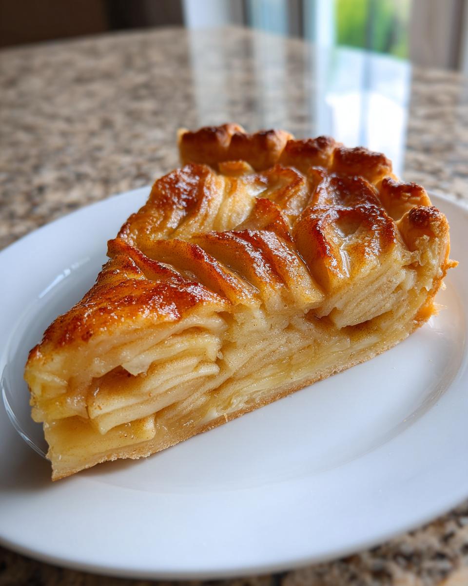 Close-up of a perfectly baked slice of apple tart showing layered apples and a shiny glaze.