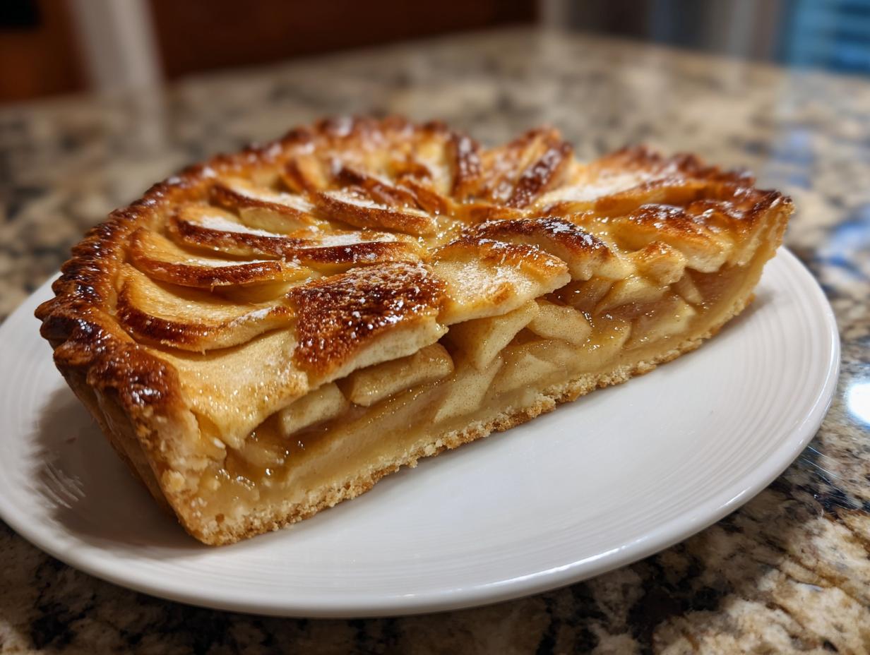 Close-up of a thick slice of amazing apple tart showing layered, glazed apples and a golden crust.