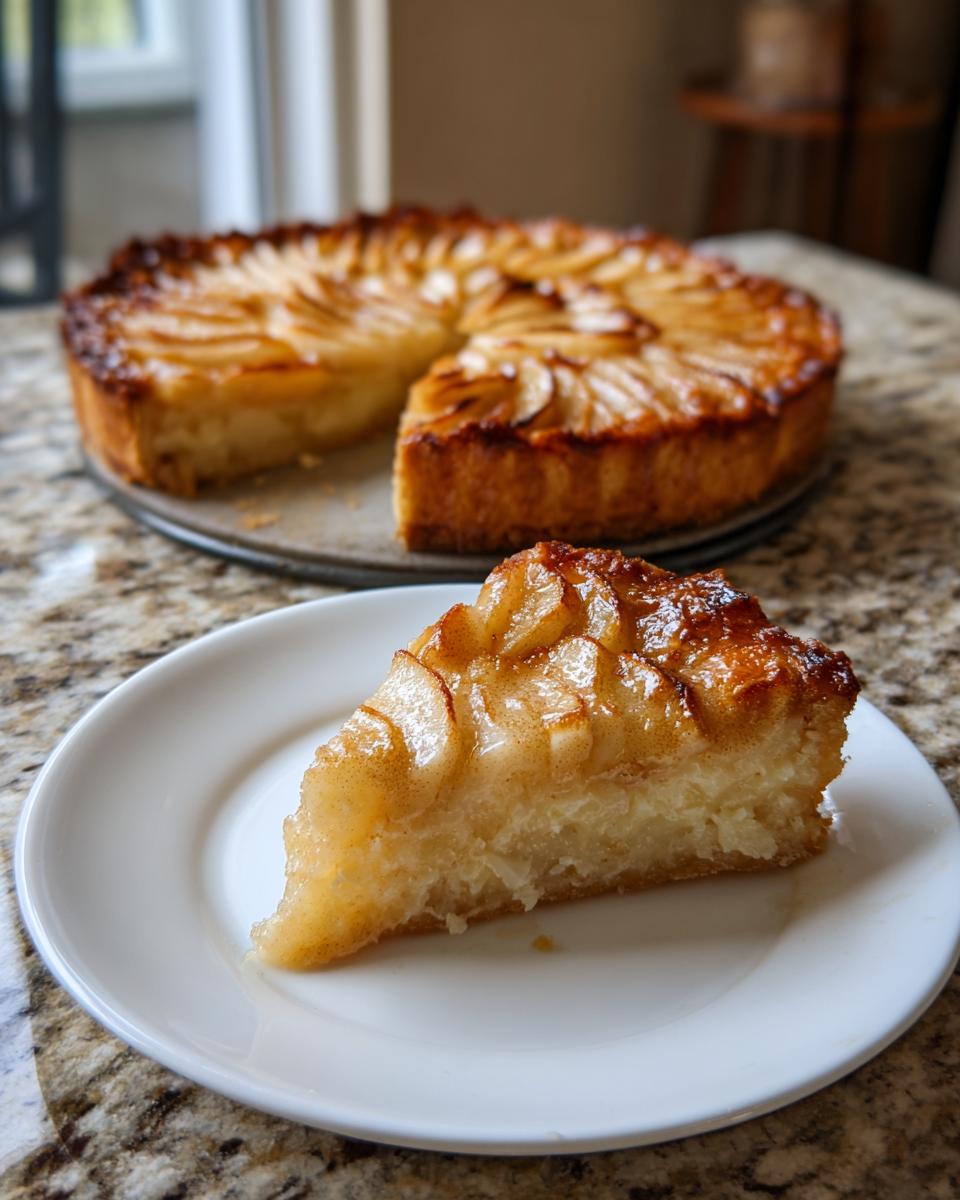 A slice of glistening, caramelized apple tart served on a white plate, with the rest of the apple tart visible behind it.