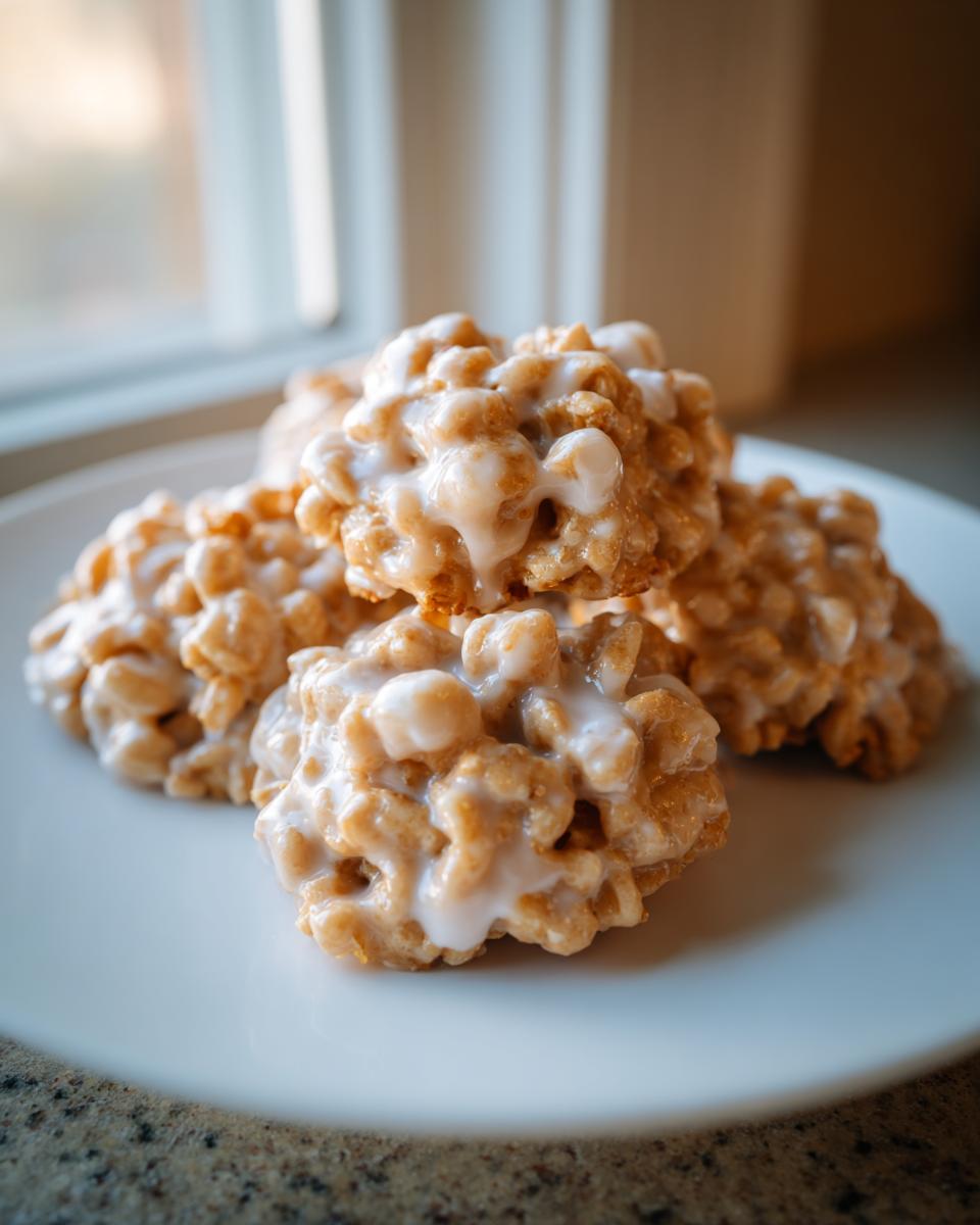 A stack of homemade avalanche cookies drizzled with white chocolate glaze, sitting on a white plate.