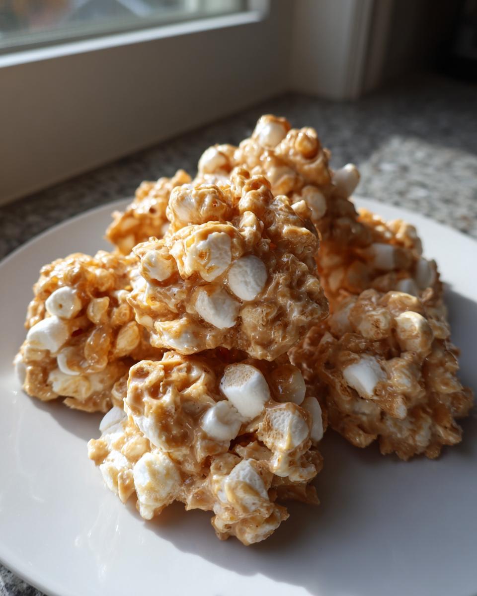 A stack of gooey, peanut butter-coated avalanche cookies featuring marshmallows and cereal, sitting on a white plate.