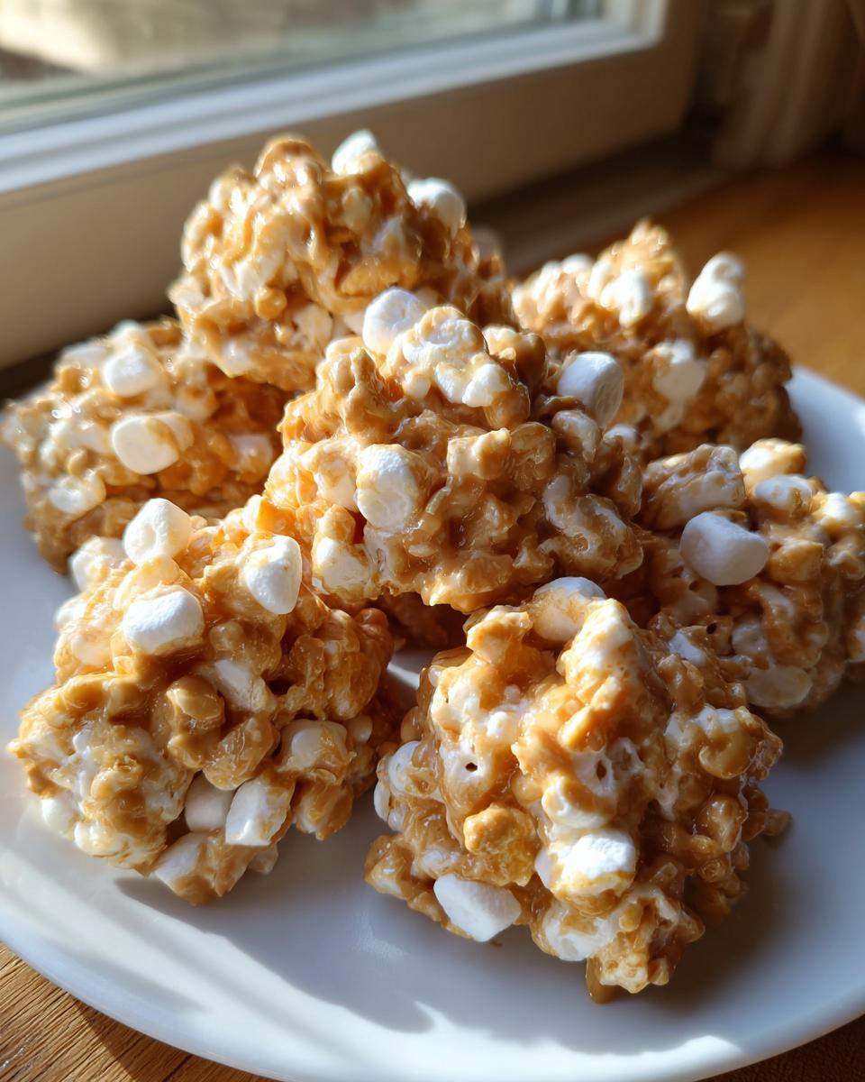 A pile of freshly made avalanche cookies mixed with marshmallows and a peanut butter coating, sitting on a white plate.