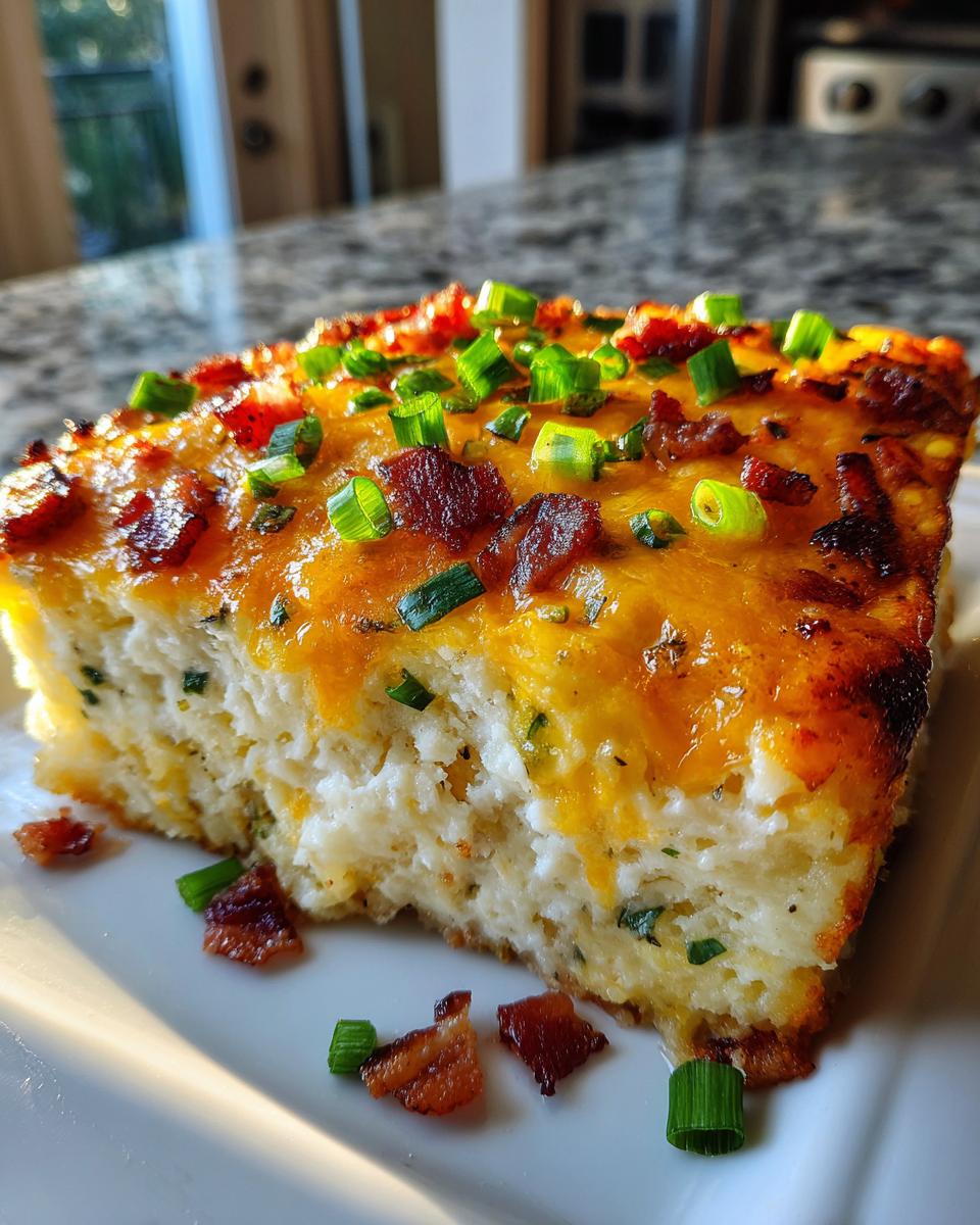 A generous slice of baked potato casserole topped with melted cheddar cheese, bacon bits, and green onions.