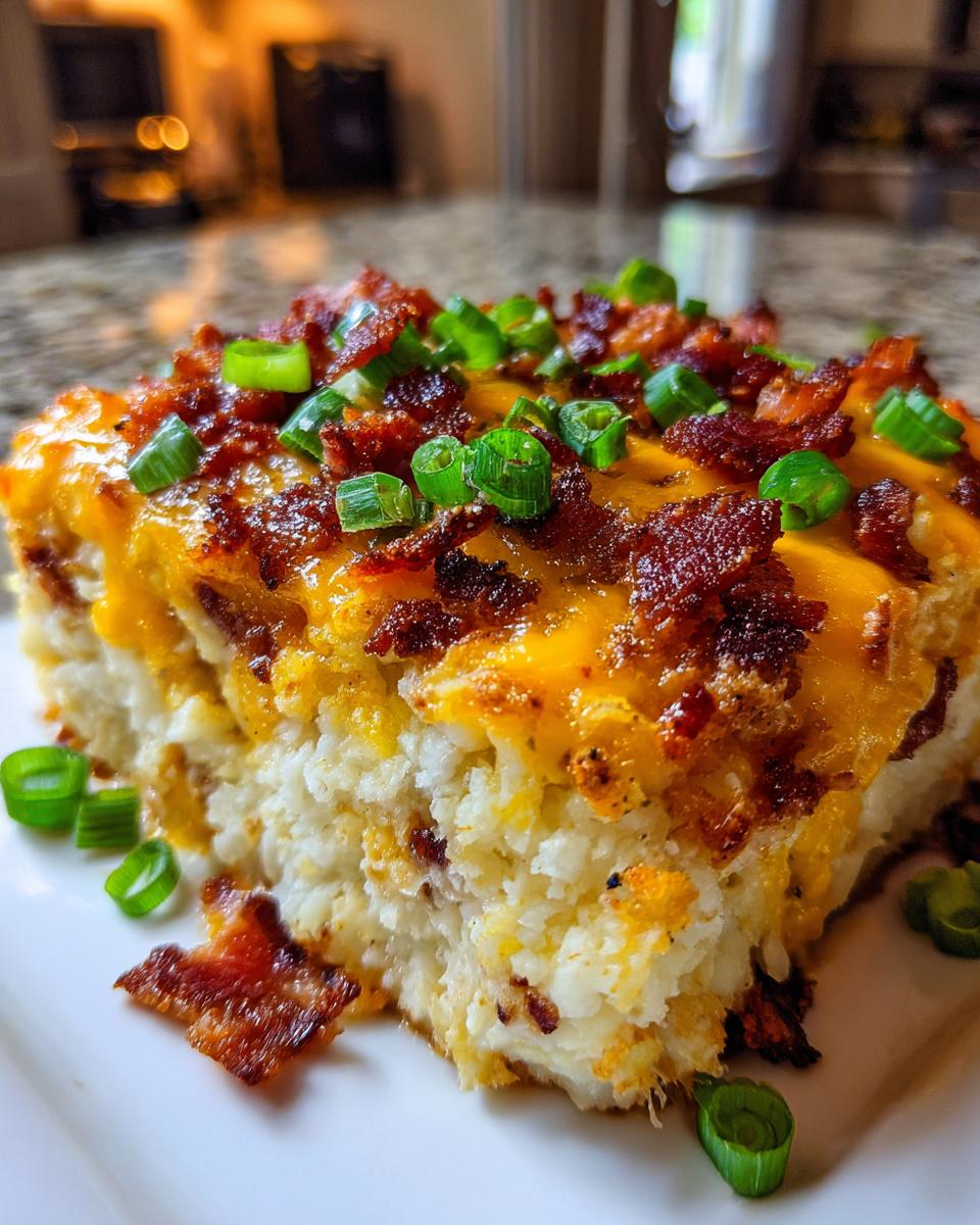 Close-up of a serving of baked potato casserole topped with melted cheddar cheese, crispy bacon bits, and green onions.