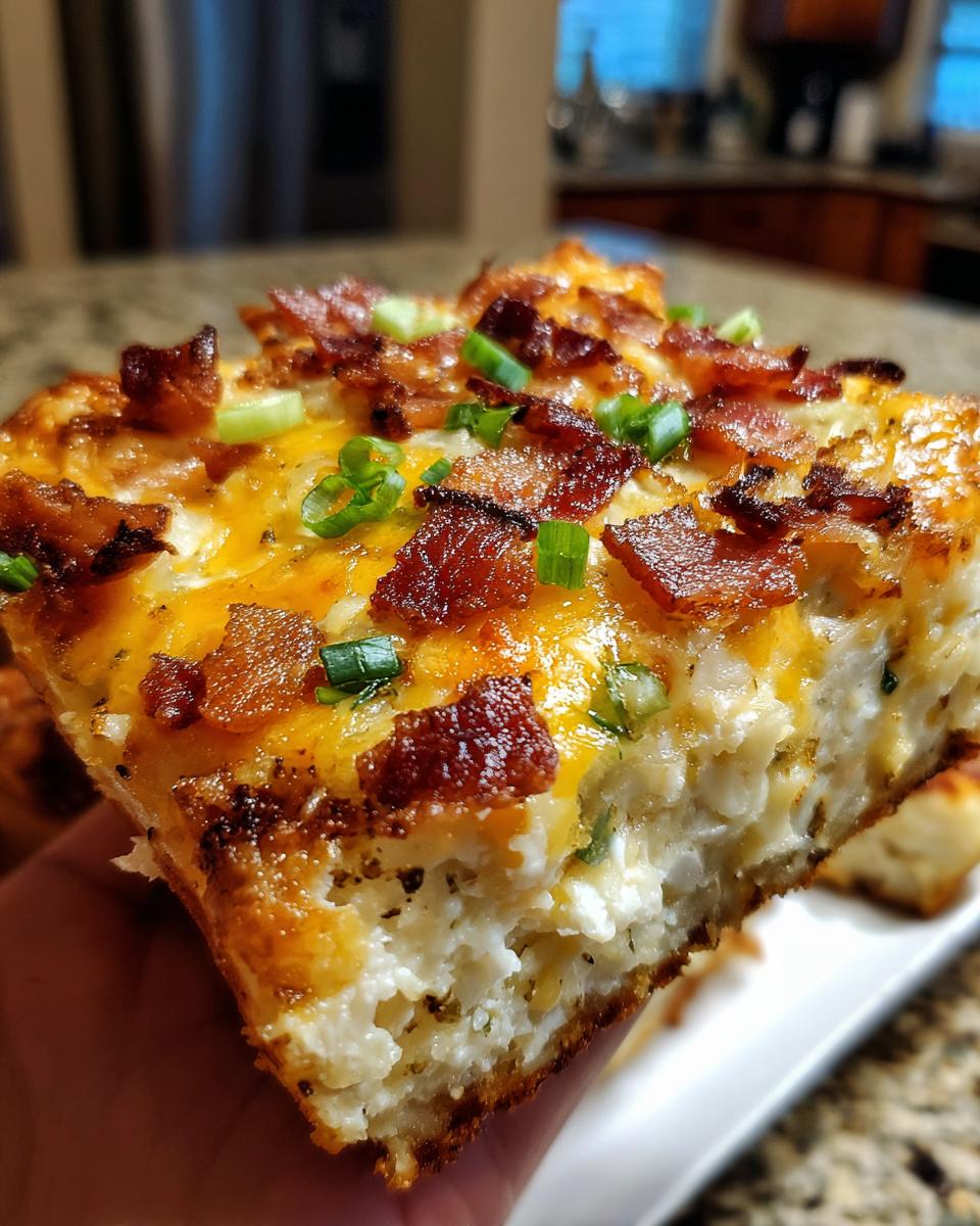 A hand holding a thick slice of baked potato casserole topped with melted cheese, crispy bacon, and green onions.