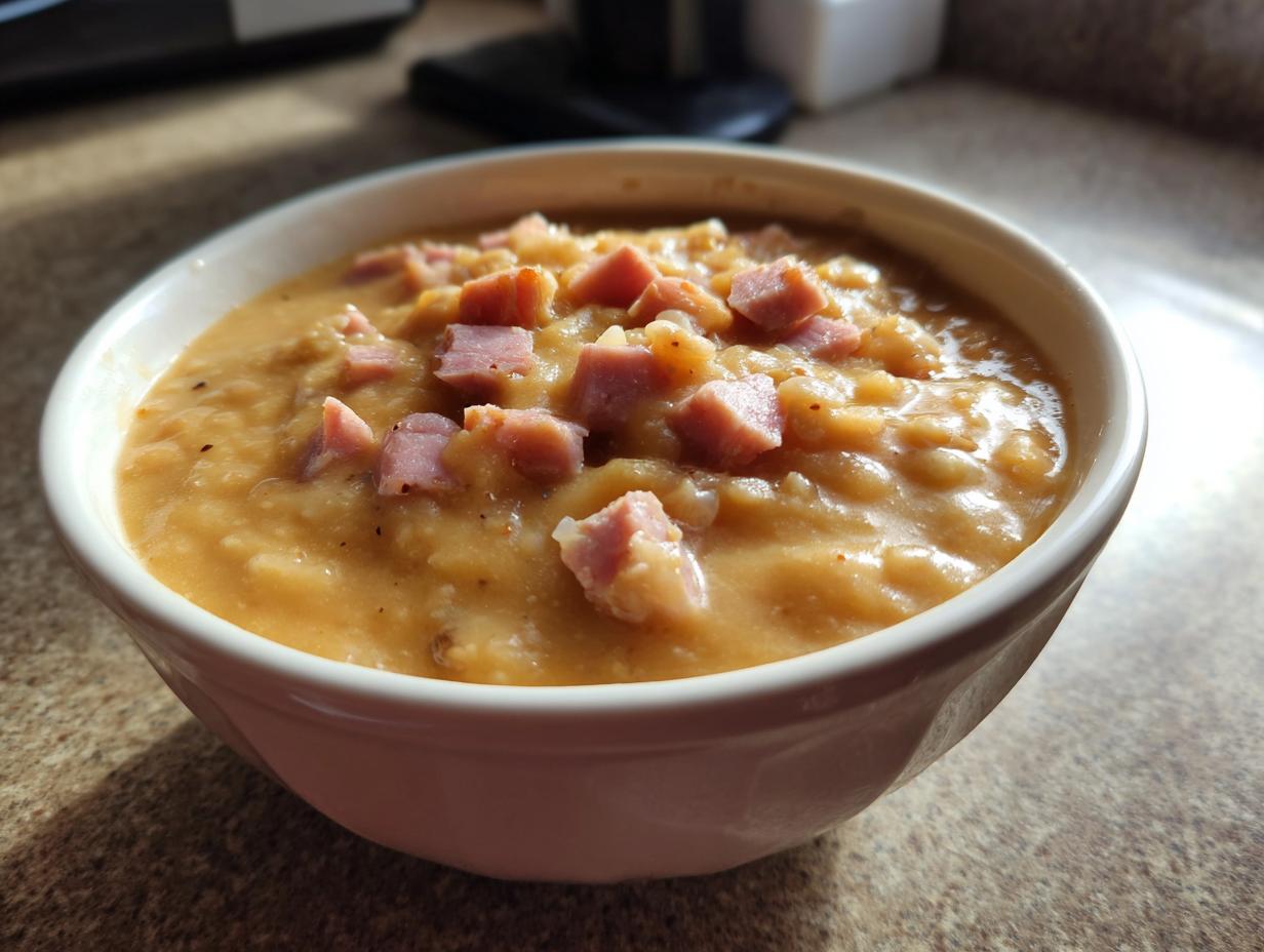 Close-up of a thick, comforting bean soup topped with diced ham pieces served in a white bowl.