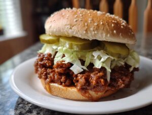 A close-up of a fully assembled big mac sloppy joes sandwich on a sesame seed bun with sauce, lettuce, and pickles.