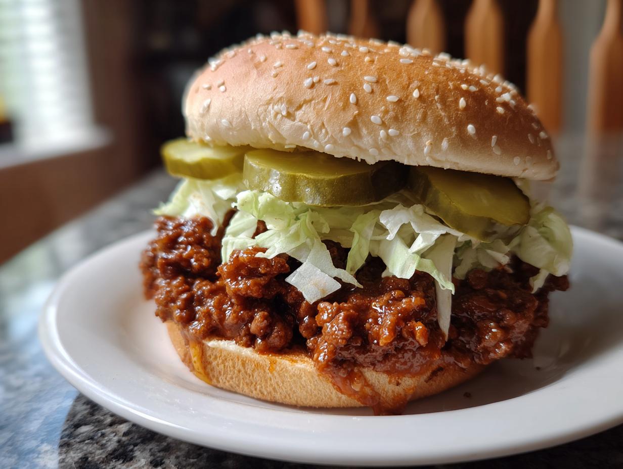 A close-up of a fully assembled big mac sloppy joes sandwich on a sesame seed bun with sauce, lettuce, and pickles.
