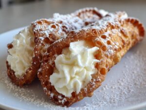 Two golden-brown, crispy cannoli shells filled with sweet ricotta cream and dusted heavily with powdered sugar.