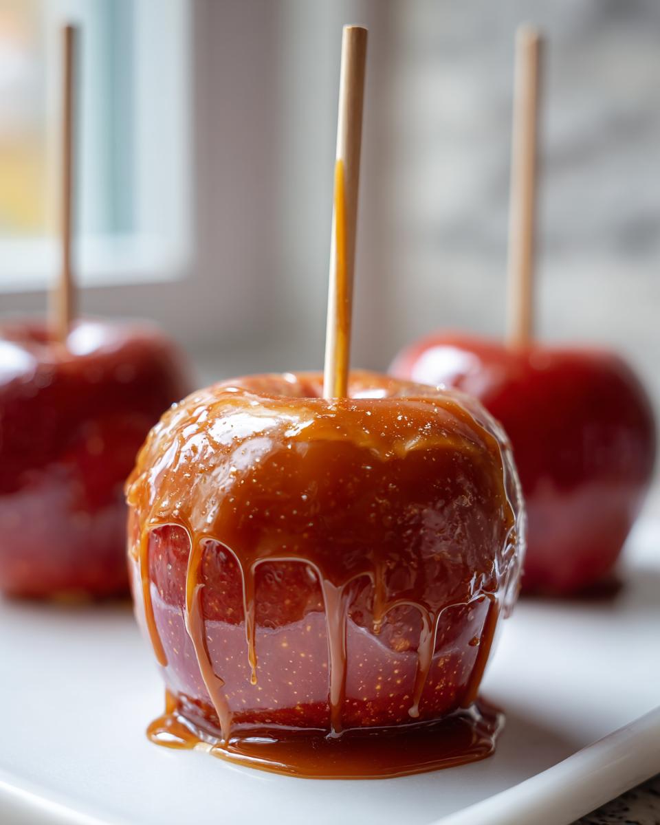 Close-up of a perfectly coated caramel apple with thick caramel dripping down the sides, ready to eat.