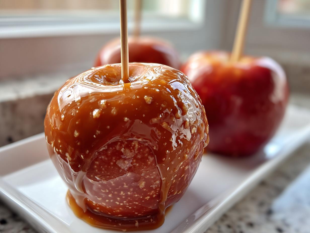 Close-up of a glossy caramel apple on a stick, dripping with thick caramel sauce.